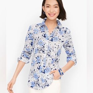 Talbot's Floral Bouquet Long Sleeve Blue/White Button Down Blouse (Size S)